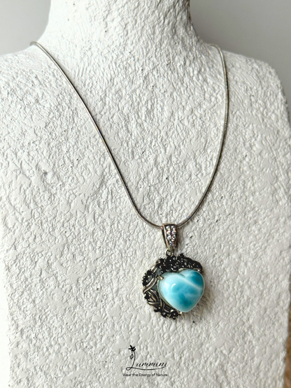 Genuine Natural Larimar Heart Pendant Necklace in Silver 925 Setting – 20*20*13.8 mm, Gift Ready, One of a Kind, Larimar Jewellery