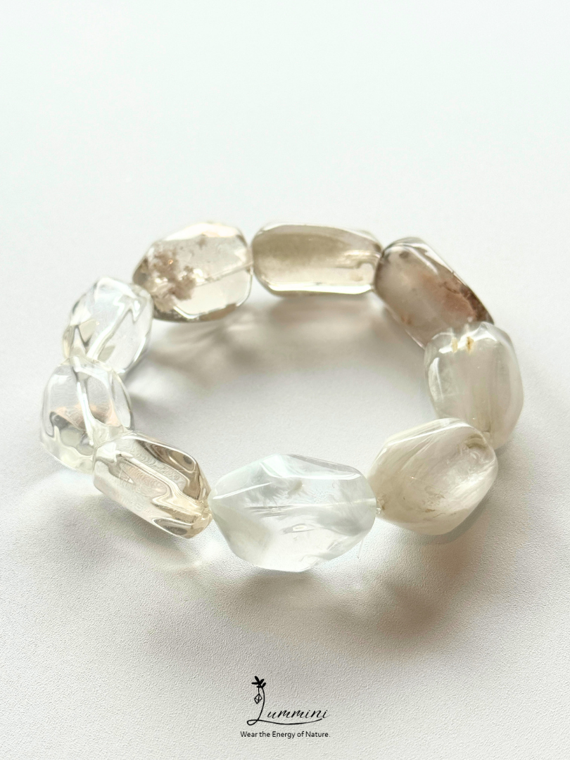 Natural Handmade Mixed Quartz Bracelet – Garden Quartz, Rutilated Quartz & White Rabbit Hair Quartz Freeform Beads
