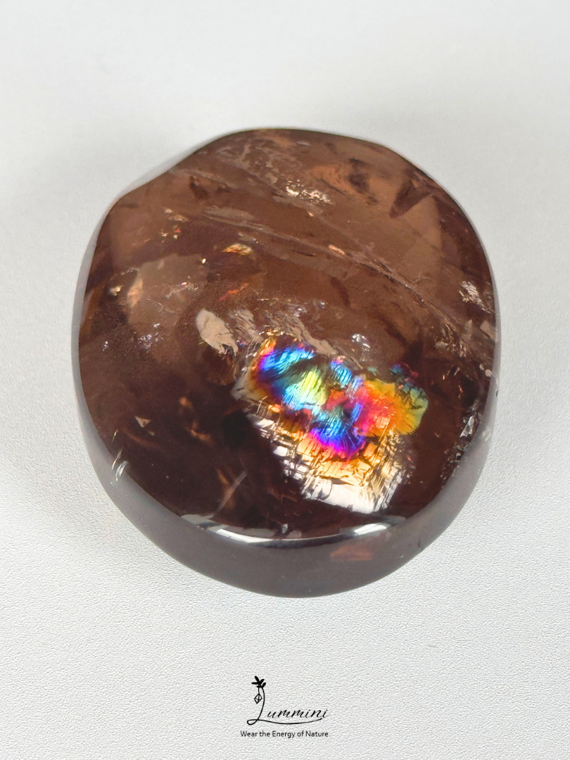 Natural Smoky Quartz Palm Stone with Rainbow Fractures - 53g, 50 mm