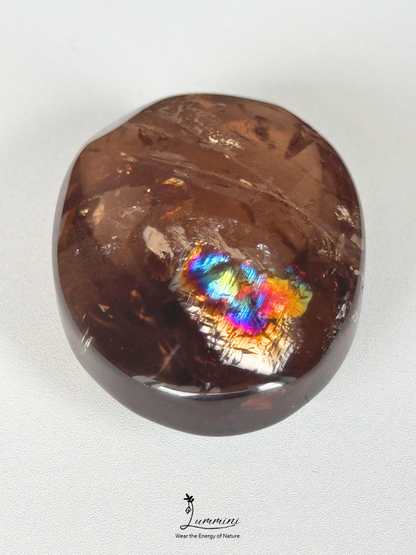 Natural Smoky Quartz Palm Stone with Rainbow Fractures - 53g, 50 mm