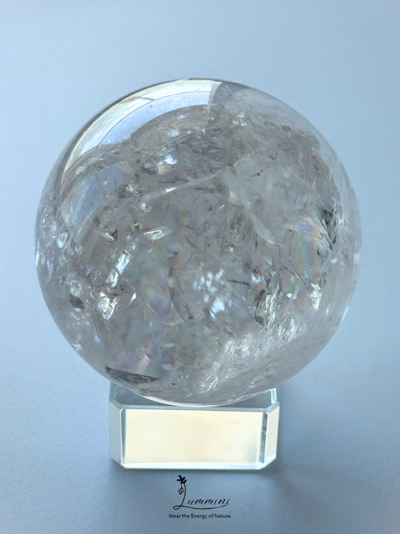 Collector-Grade Large Natural Clear Quartz Sphere with Explosive Rainbow Fractures – 62.5mm