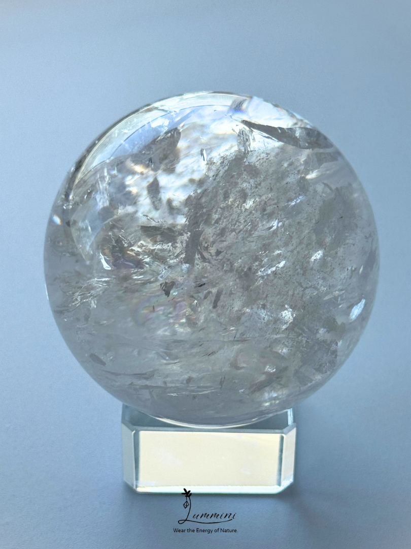Collector-Grade Large Natural Clear Quartz Sphere with Explosive Rainbow Fractures – 62.5mm
