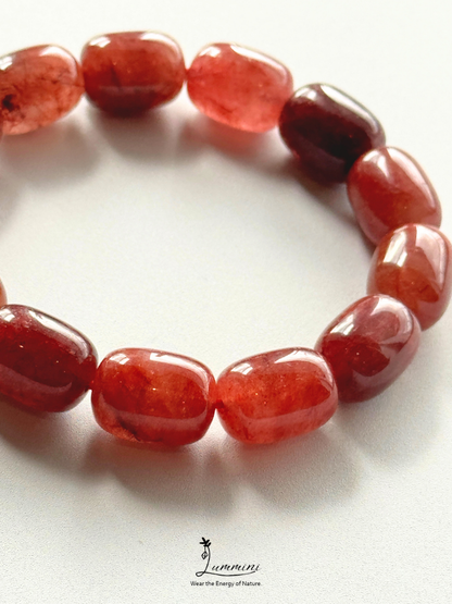 Natural Red Copper Rutilated Quartz Barrel Bead Bracelet – 12 × 16 mm