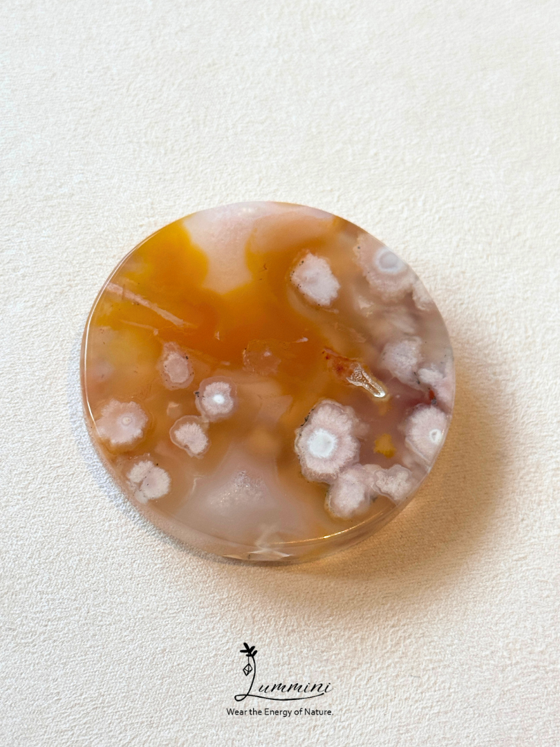 Natural Sakura Agate Round Hand Stone - Soft Yellow with White Blossoms