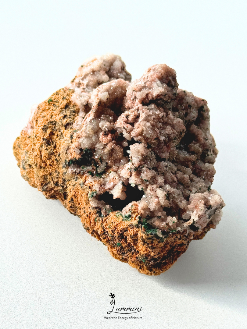 Distinctive Natural Pink Druzy Quartz Cluster with Malachite Association – 128g, 72mm