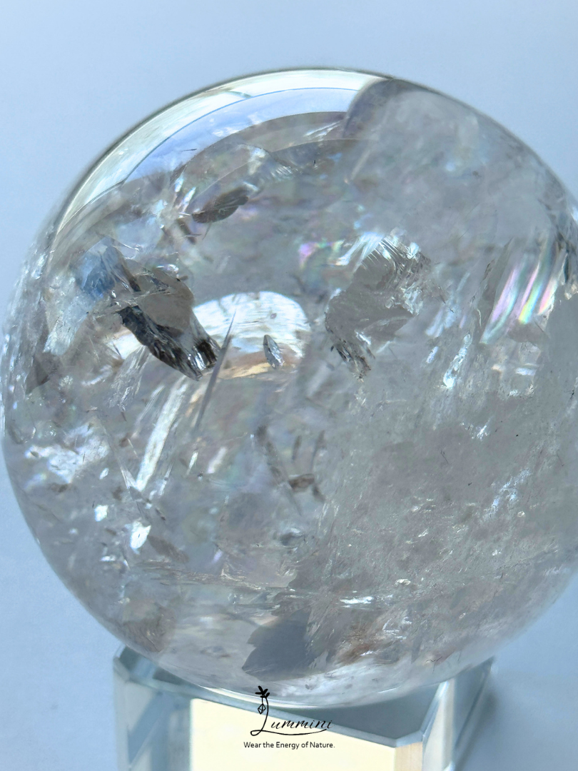 Collector-Grade Large Natural Clear Quartz Sphere with Explosive Rainbow Fractures – 62.5mm