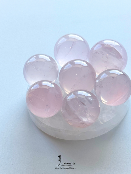 Natural Rose Quartz Mini Sphere Value Pack from 26mm to 28mm  – 7 Pieces with Clear Quartz Base