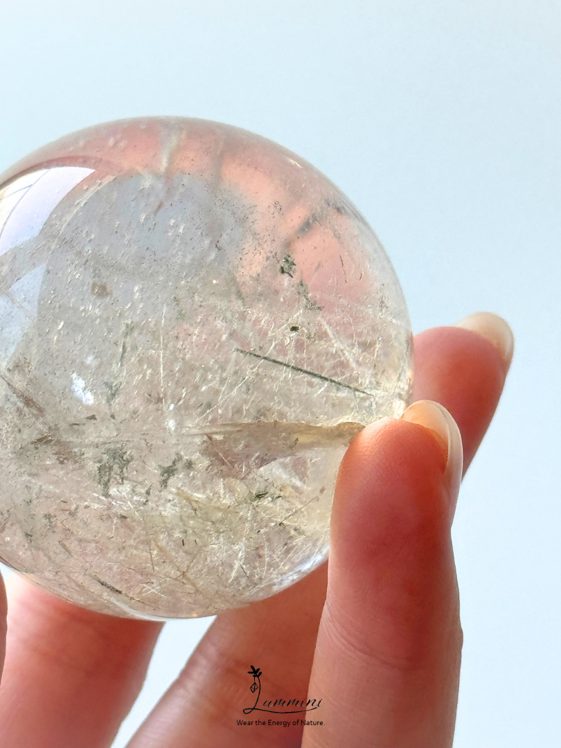 Rare & Distinctive,  Collector-Grade - Natural Garden Quartz Sphere with Frosted Rutile-Style Inclusions, Green Phantom & Rainbow, 48.5mm