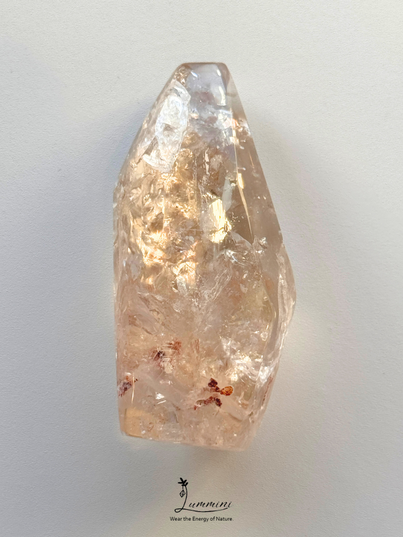Natural Clear Quartz Freeform Palm Stone – Rainbow Fractures – 102g