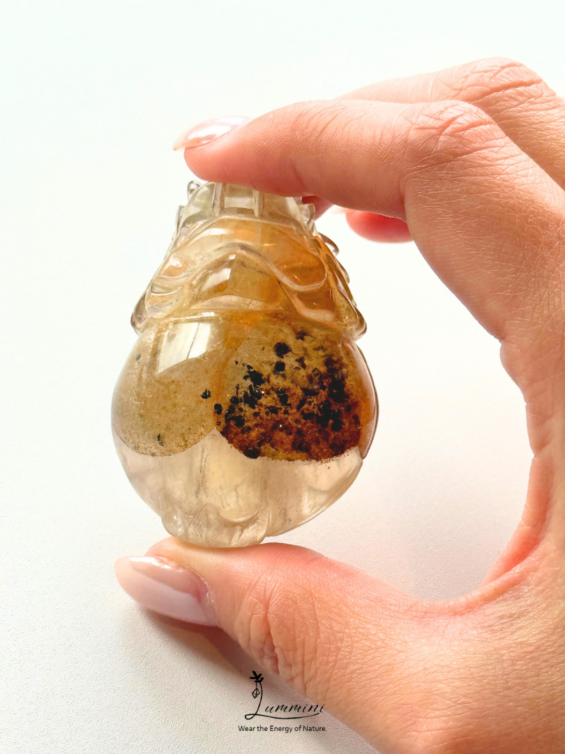 Natural Crystal - Pixiu Carving Quartz with Rare Black & Orange Mineral Inclusions – 75g, 53mm