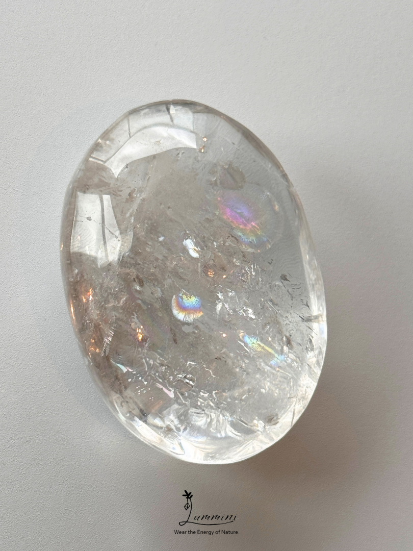 Natural Clear Quartz Palm Stone with Rainbow Fractures – 140g, 68mm, One of a Kind