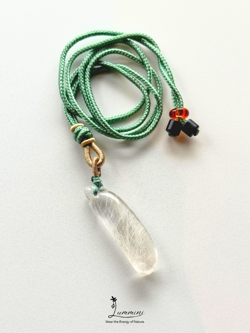 Rare!! Natural Silver & White Rutilated Quartz Eggplant Pendant Necklace – 42.5mm