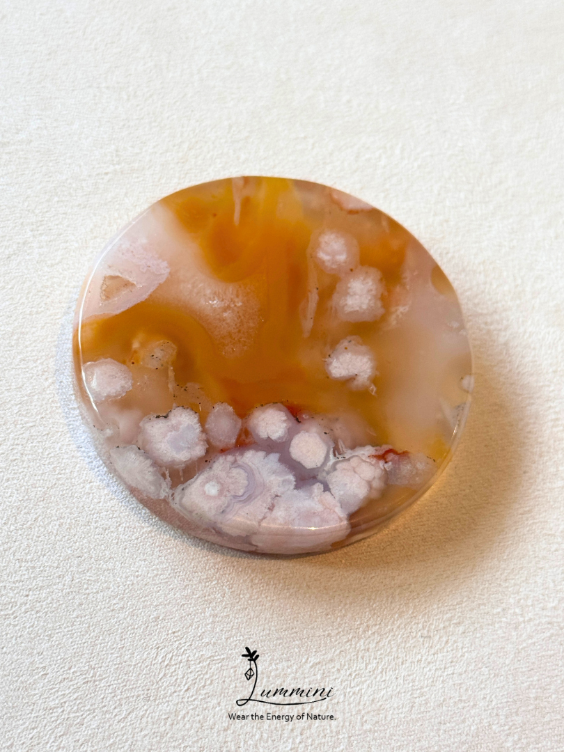 Natural Sakura Agate Round Hand Stone - Soft Yellow with White Blossoms