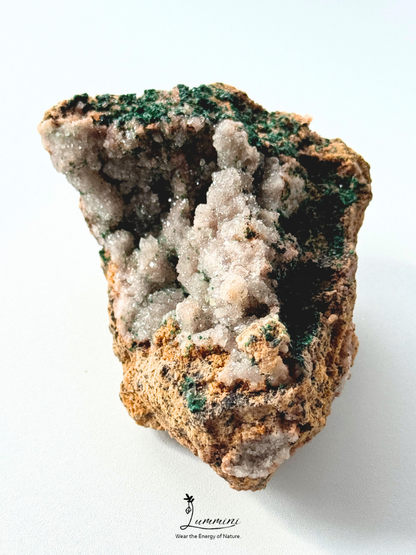 Distinctive Natural Pink Druzy Quartz Cluster with Malachite Association – 112g, 76mm