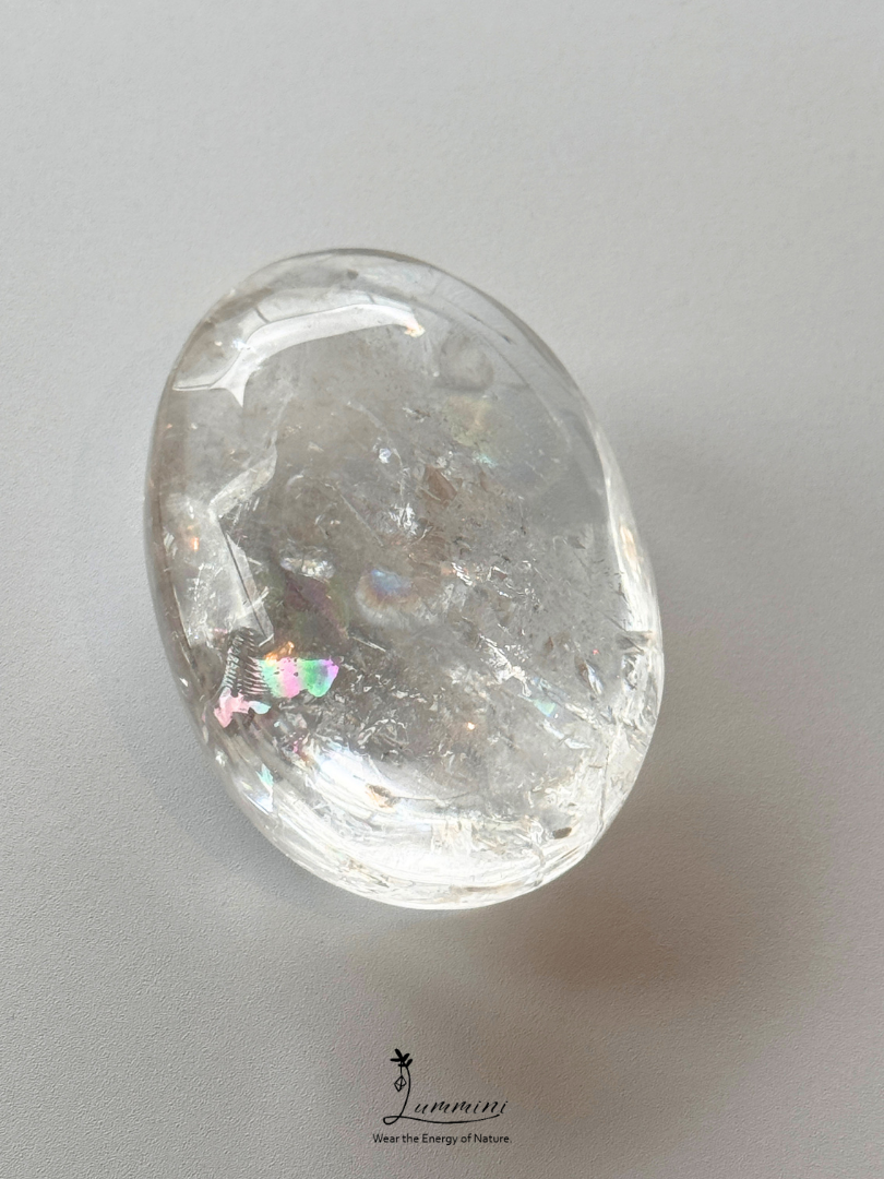 Natural Clear Quartz Palm Stone with Rainbow Fractures – 140g, 68mm, One of a Kind