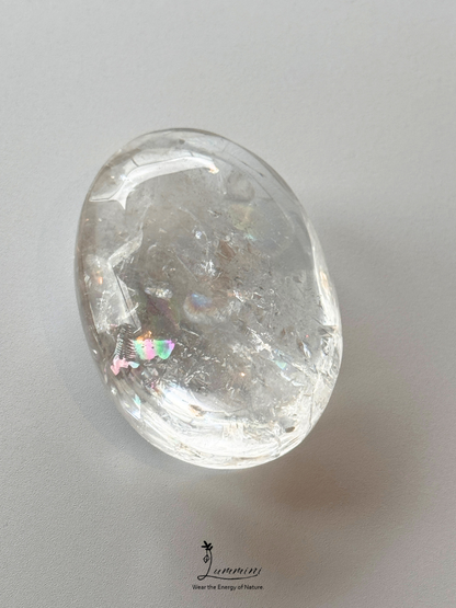 Natural Clear Quartz Palm Stone with Rainbow Fractures – 140g, 68mm, One of a Kind