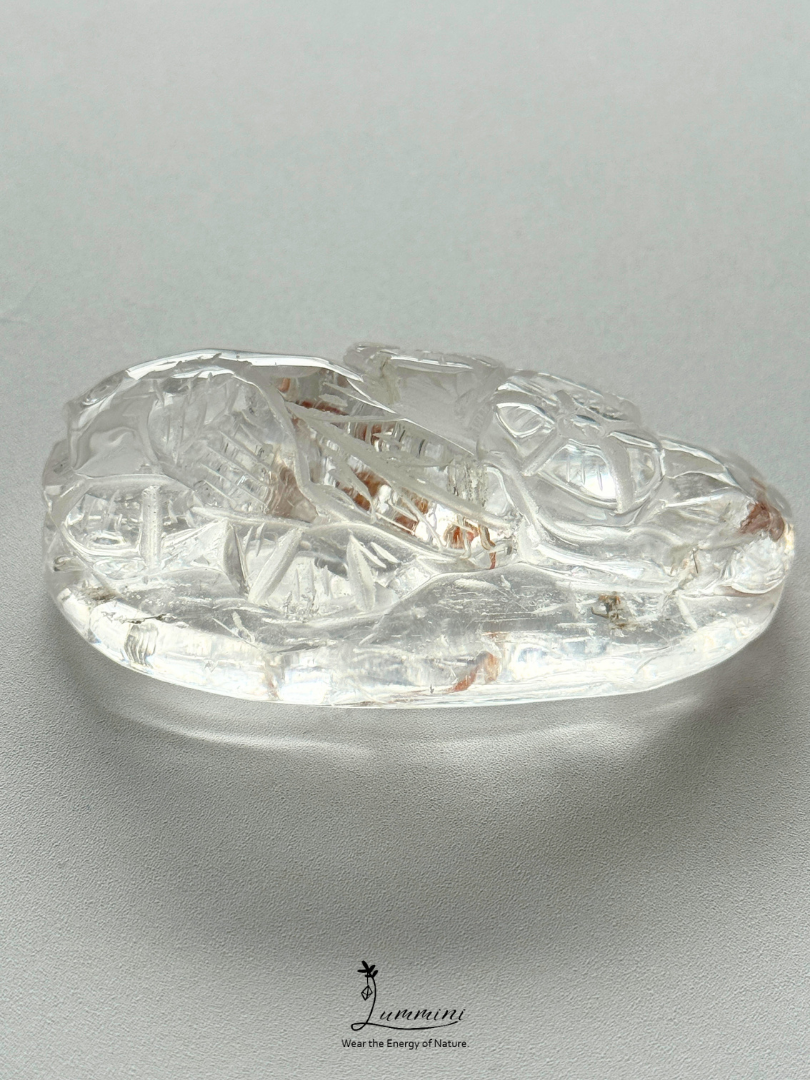 Natural Clear Quartz Magpie & Plum Blossom Pendant – Red Mineral Inclusions – 65mm, 74g