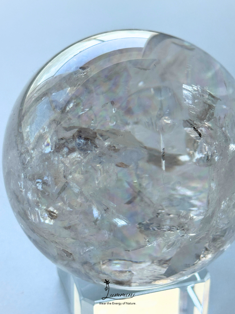 Collector-Grade Large Natural Clear Quartz Sphere with Explosive Rainbow Fractures – 62.5mm
