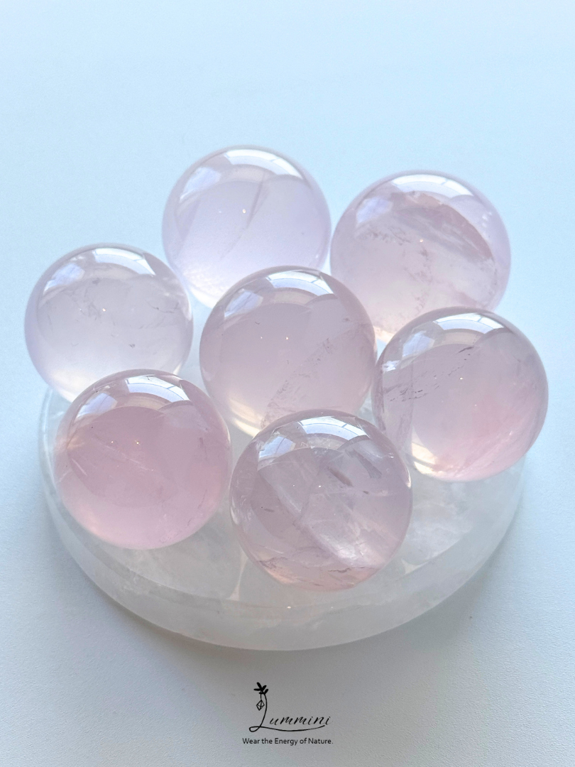Natural Rose Quartz Mini Sphere Value Pack from 26mm to 28mm  – 7 Pieces with Clear Quartz Base