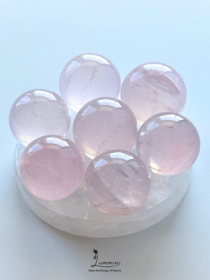 Natural Rose Quartz Mini Sphere Value Pack from 26mm to 28mm  – 7 Pieces with Clear Quartz Base