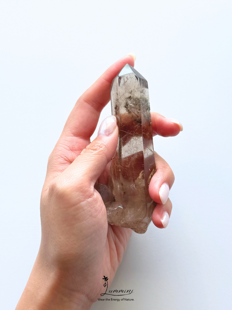 Rare Natural Smoky Rutilated Quartz Wand with Garden Inclusions & Inner Crystal, Crystal in Crystal – 110g, 105mm