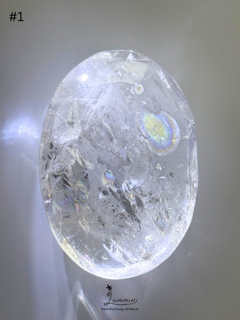Natural Clear Quartz Palm Stone with Rainbow Fractures – 140g, 68mm, One of a Kind