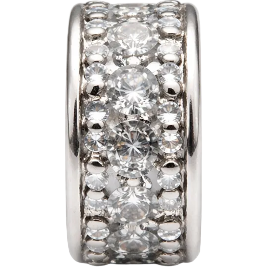 Silver ring with clear gemstones on a white background
