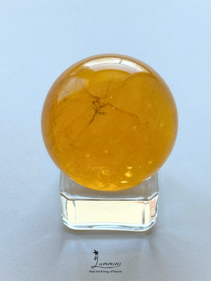 Natural Golden Fluorite Sphere with Dendritic Mineral Inclusion – 34mm