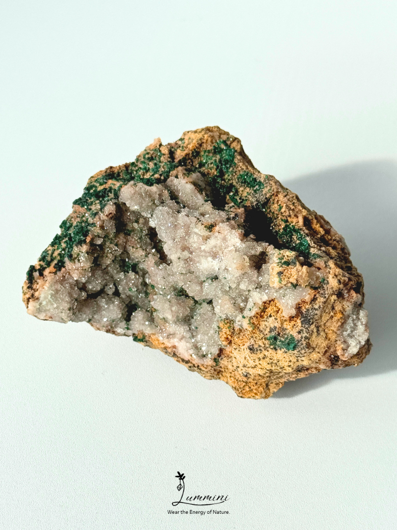 Distinctive Natural Pink Druzy Quartz Cluster with Malachite Association – 112g, 76mm